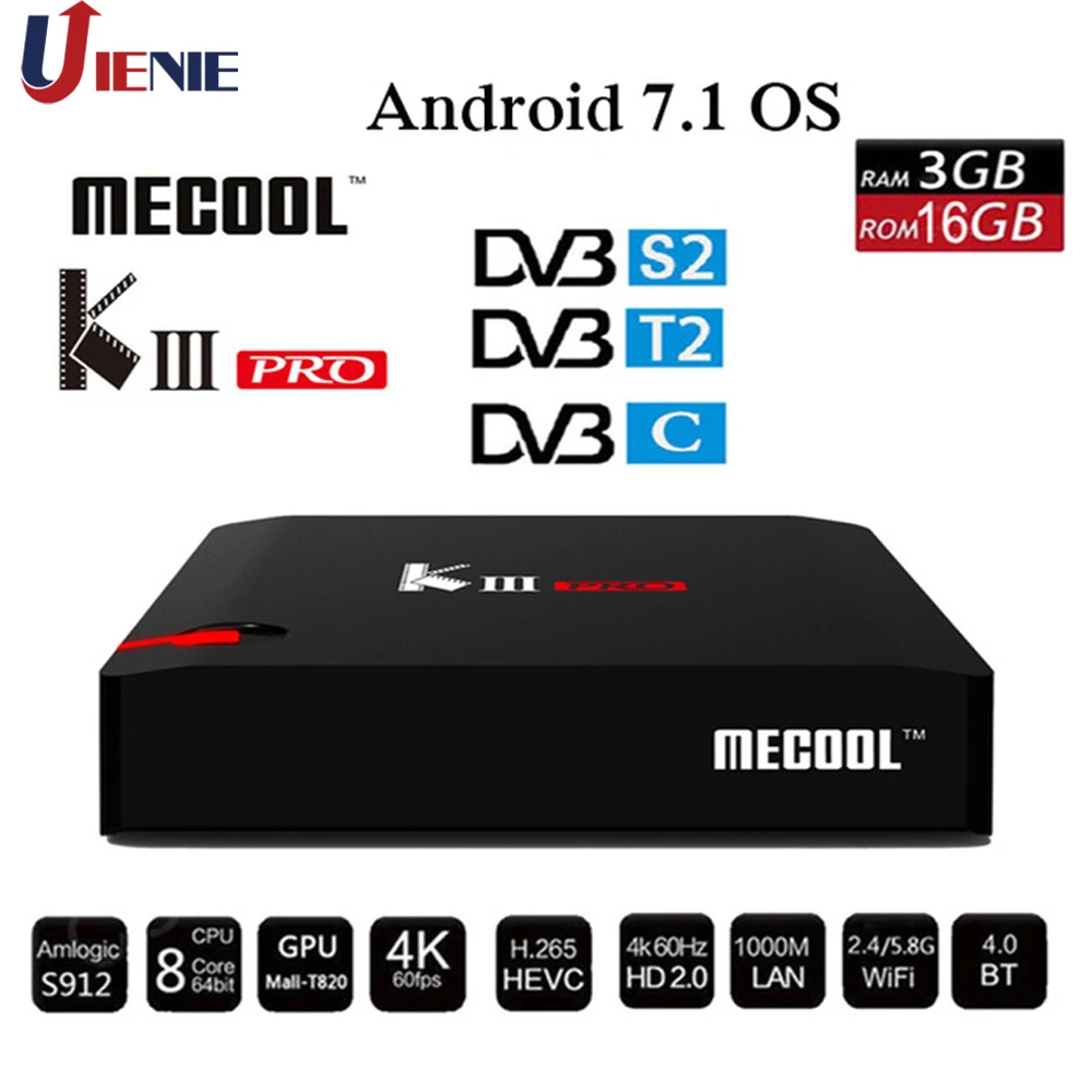 DVB S2 с T2 C Android 7 1 IPTV Box 3 Гб 16 MECOOL KIII PRO Amlogic S912 Восьмиядерный 4K Combo NEWCAMD Biss key