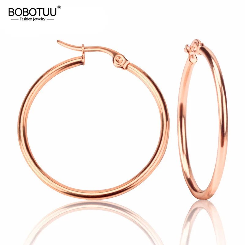 BOBOTUU стальные золотые черные модные серьги, ювелирные изделия из нержавеющей стали, большой круг, круглые 20-60 мм, серьги-кольца для женщин BE18110