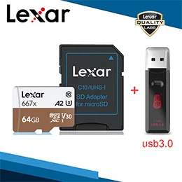 Lexar 667x Micro SD tf-карта с адаптером, устройство для чтения карт памяти Micro 64 ГБ, 128 ГБ, 256 ГБ, U3, V30, A2, SDXC, UHS-I для беспилотных спортивных видеокамер - Емкость: 64GB-C396