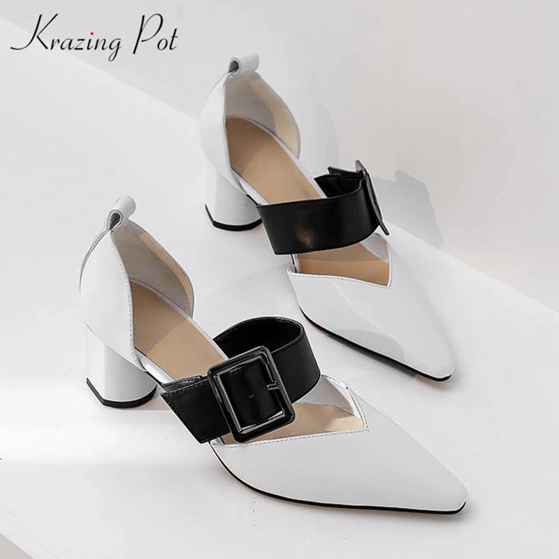 

Krazing Pot 2019 hot sale full grain leather pointed toe high heels buckle strap Summer Spring European design style pumps L02