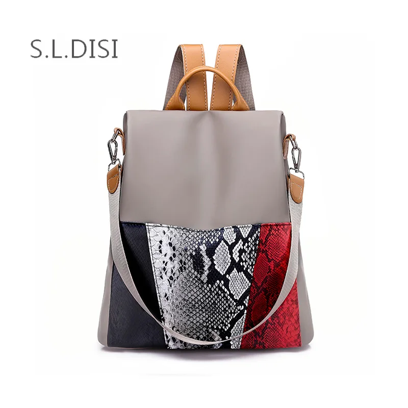 

Fashion Waterproof Oxford & PU Leather Patchwork Backpack Women School Backpack Serpentine Pattern Shoulder Bag Travel Rucksack
