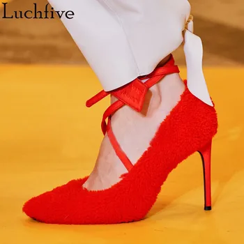 

Sexy T-Show Pumps Women Shoes Gladiator High Heels Shoes Woman Pointy Toe Cross Tied Red Zapatos De Mujer