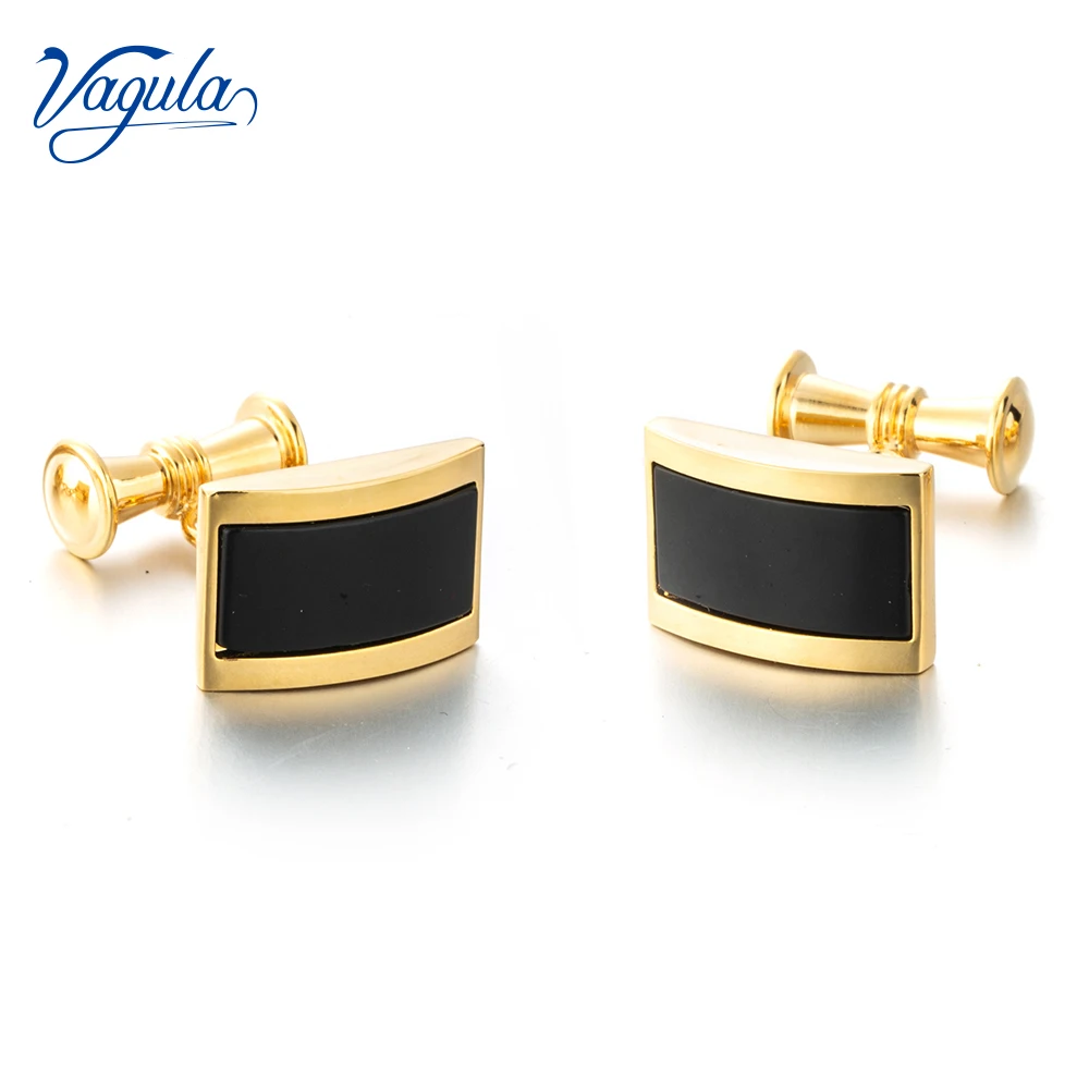 VAGULA Cufflinks Luxury gift Suit Shirt Gemelos 24K Gold-color Button Chain Black Stone Cuff links Men Jewelry Drop ship 135 | Украшения и