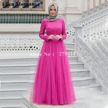 Vintage Long Sleeve Evening Dresses for Women Wear with Hijab Hot Pink Formal Saudi Arabia Duabai Kaftan Abiye Elbise 2017 Sale