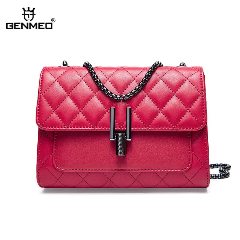 

GENMEO Brand New Arrival Check Design Genuine Leather Handbag with Chain Shoulder Strap and Metal Lock Feminina Bolsa