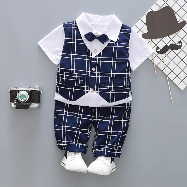 Summer toddler baby suit girl short sleeved gentleman bow plaid