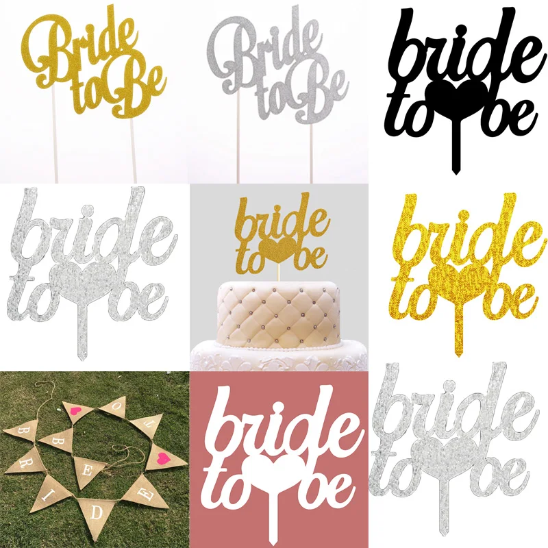 Bride to be Cake Topper Cupcakes flag Team Bride Bridal Shower Gold Silver Glitter Paper Bachelorette Hawaiian wedding party
