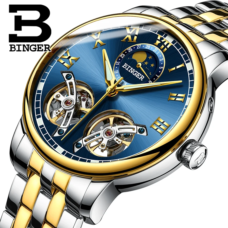 Double tourbillon Luxury Men watch Automatic mechanical Watch BINGER Famous Brand Watch Gold Case Blue Dial Double relogio