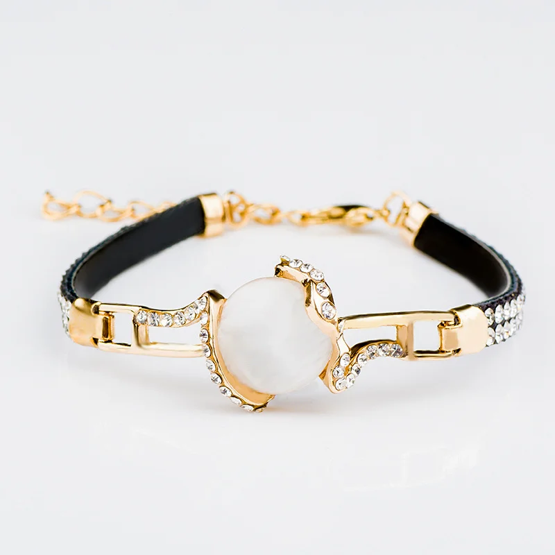 

MISANANRYNE Newest 1pc Gold Color Cat Eye Stone Fashion Classic Austrian Crystal Chain Leather Bracelet Womens Jewelry