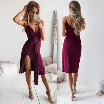 

Summer Fashion Women Dress Vestidos Sexy Solid Color Belt Waist Deep V-neck Open Irregular Ladies A-line Dress Robe Femme