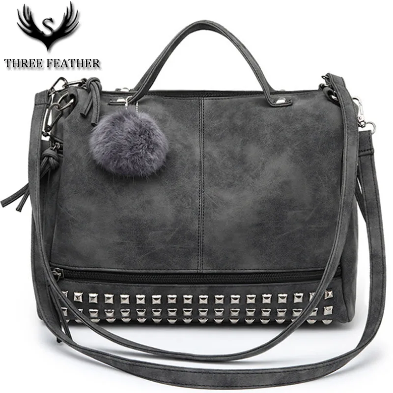 

T~F New Vintage Nubuck Leather Female Top-handle Rivet Bag Larger Women's Mujer Hair Ball Shoulder Motorcycle Messenger Bag A069