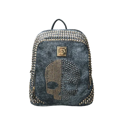 Unisex Skull Backpack Women Men Rivets Leather Backpack for Teen Girl Shoulder Bags Casual Travel Punk Backpack Couple Bags - Цвет: Blue 36x28x13cm