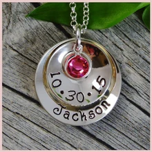 Sg 맞춤형 birthstone 목걸이 엄마를위한 맞춤 이름 디스크 펜던트 목걸이 실버 925 핸드 스탬프 보석 어머니의 날 선물(China)