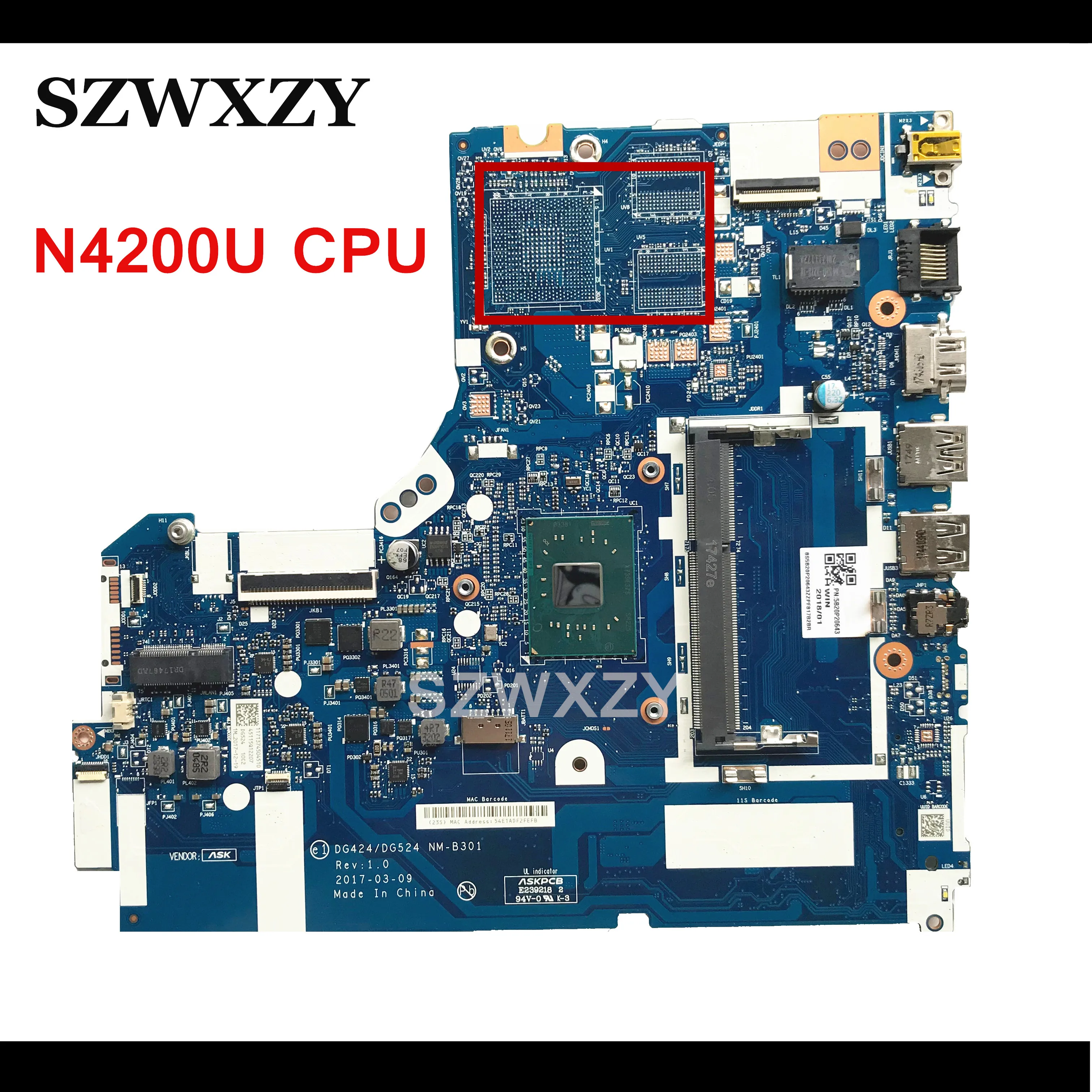 

High Quality For Lenovo IdeaPad 320-15IAP Laptop Motherboard 5B20P20643 DG424/DG524 NM-B301 With N4200U CPU DDR3L