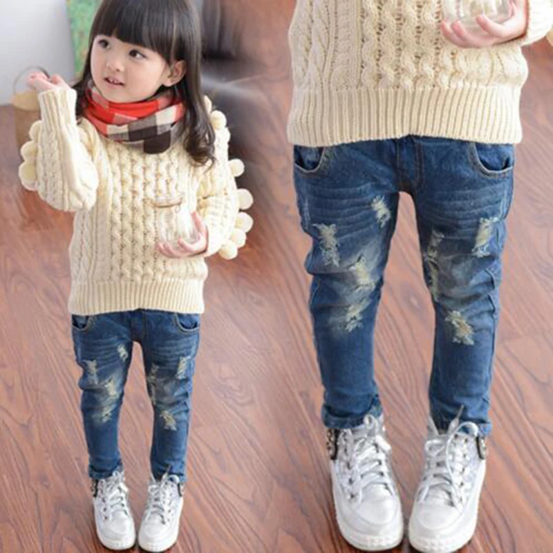 Autumn Girls Clothes New Korean Hole Jeans Fashion Casual Light Wash Mid Elastic Waist Regular Children’s Long Jeans Pants p054