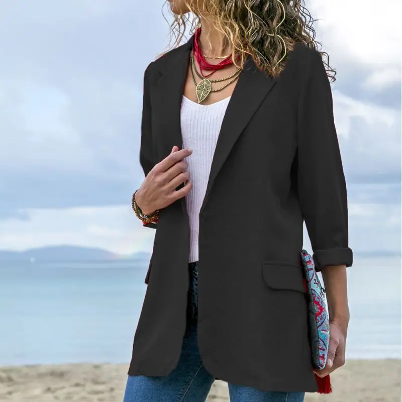 Для женщин осень весна с длинным рукавом костюм куртка блейзер сплошной спереди Открытый Тонкий Пальто - Цвет: Черный