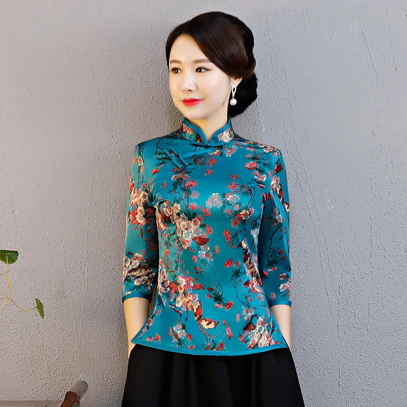 

Elegant Flower Women Party Clothing Classic Printed Mandarin Collar Shirt Chinese Female Evening Blouse Sexy Business Garment