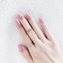 Дизайн накладные ногти художественные советы с клеем женские модные блестящие стразы накладные ногти для девочек светло-розовый цвет овальные поддельные ногти