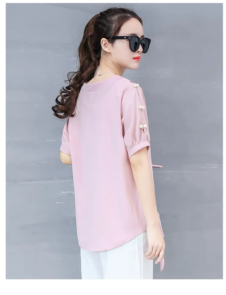 2018 New Arrival Chiffon Blouses Women Shirts Plus Size Beading Tops Female Fashion Short Sleeve O-neck Blusas Femininas  (5)