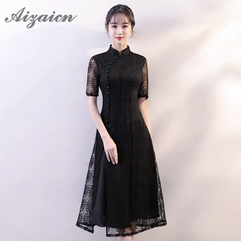 Традиционное черное кружевное сексуальное платье Ao Dai Вьетнам Восточное