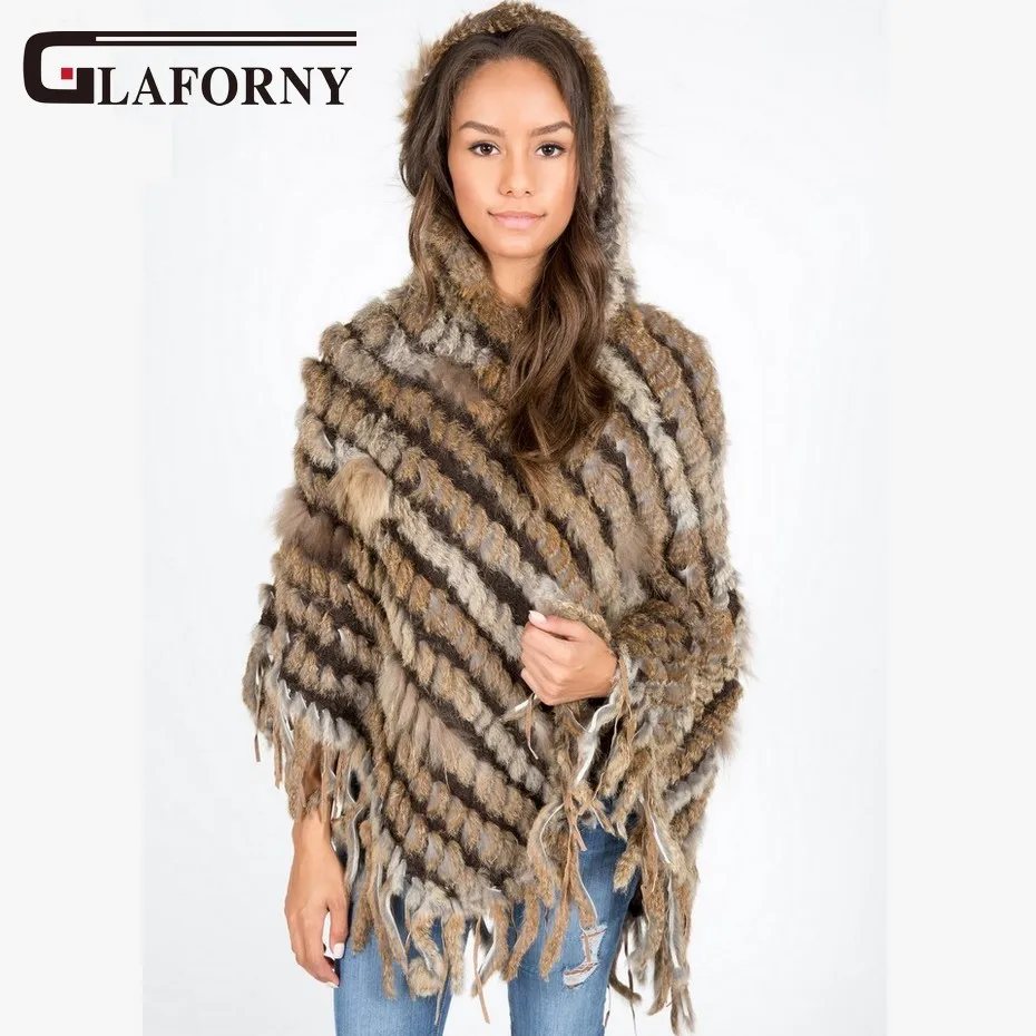 

2018 New Arrival Knitted Rabbit Fur Poncho with Hood Women's Fur Cloak Rabbit Fur Cape Pashmina Scarf 2 Colors
