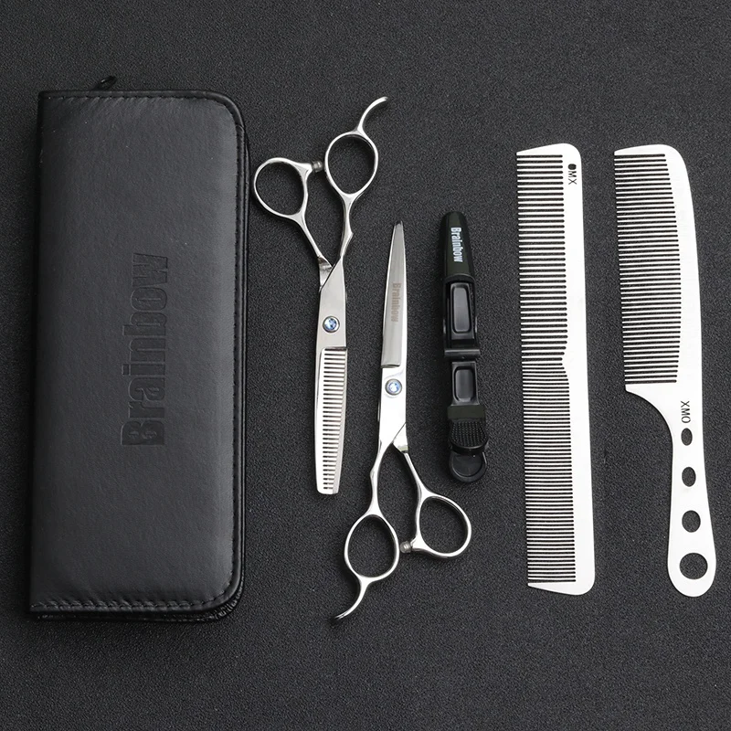 Tesoura de Cabelo Brainbow Scissors Esquerda-mão Inoxidável 9cr13 Profissional Cabeleireiro Corte Fino Barbeiro Tesouras Titânio Pente 6.0 Aço 19 Beleza e saúde