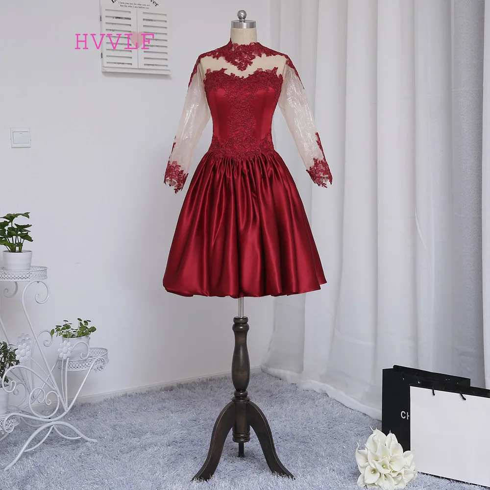 

HVVLF Burgundy 2019 Homecoming Dresses A-line High Collar Knee Length Long Sleeves Appliques Lace Cocktail Dresses