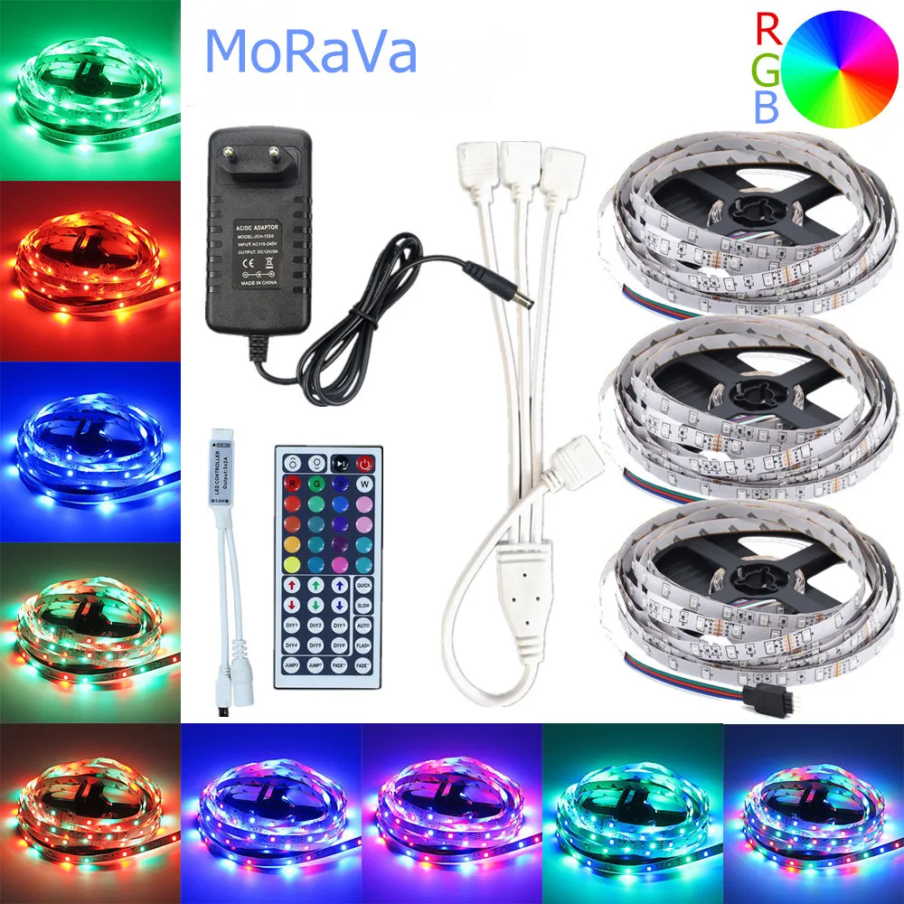 

5m 10m 15m LED Strip 12V 60 leds/m RGB Rope Light SMD 2835 Flexible LED Lamp Lights Multicolor LED String+LED Controller+Adapter