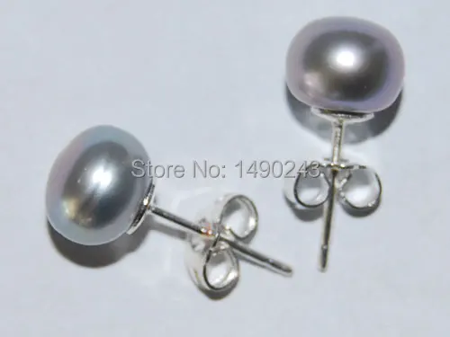 8-9mm Silver Gray Cultured Natural Button Freshwater Pearl 925 Sterling Silver Stud Earring 2