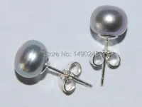 8-9mm Silver Gray Cultured Natural Button Freshwater Pearl 925 Sterling Silver Stud Earring 2