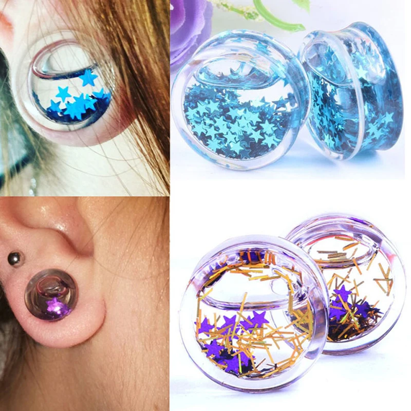 1 Pair Stars Liquid Inside Ear Tunnel Acrylic Ear Plugs Reamer Gauges