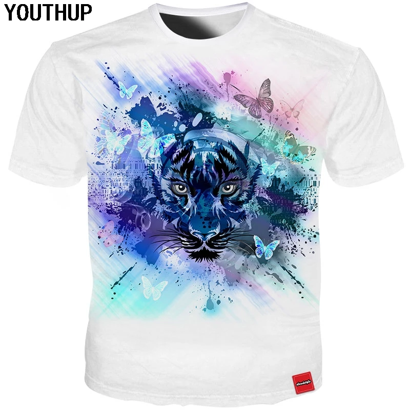 Лето 2020 белая футболка YOUTHUP для мужчин и женщин футболки с 3d принтом тигра