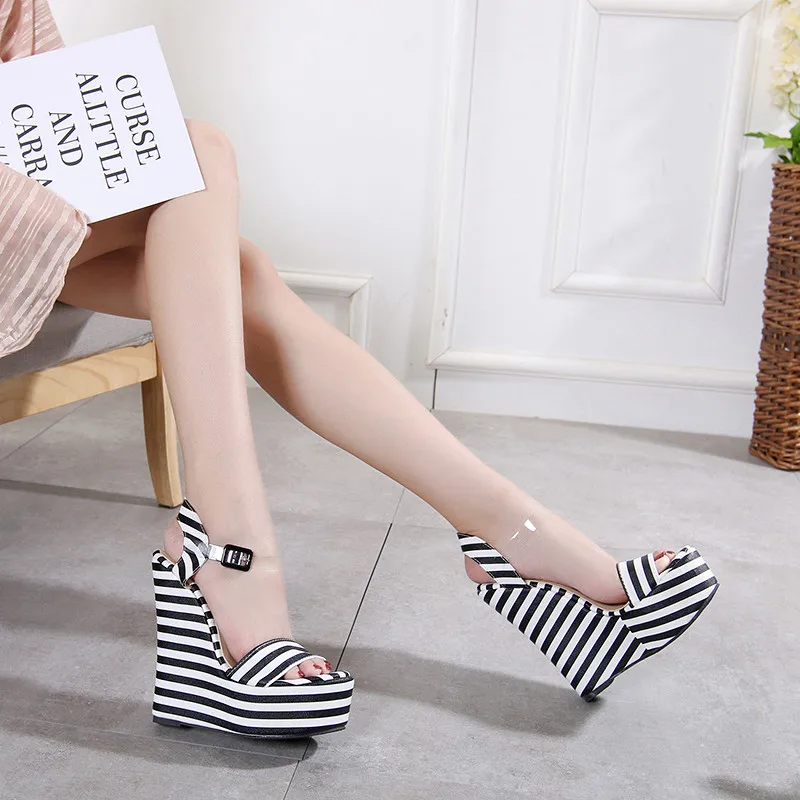 

2019 Women Summer 15cm Super High Heels Comfortable Geometric Sandals Fashion Leisure Open-Toe Dress Runway Black Wedges Shoes