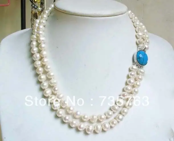 

xiuli 00354 white freshwater pearl 2 strands baroque beads necklace turquoise clasp