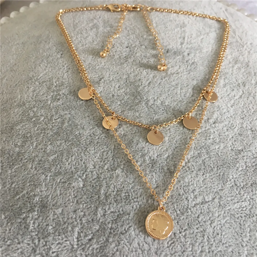 Прекрасный Золотой цвет круглый диск монета ожерелье с подвесками с нескольких рядов для женщины девушка