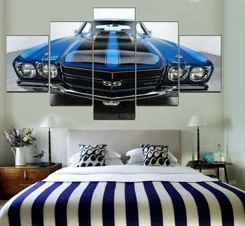 

Modern Wall Art Home Decoration Pictures 5 Panel Chevelle SS Blue Black Muscle Car Painting Decor Framework Canvas Print Type