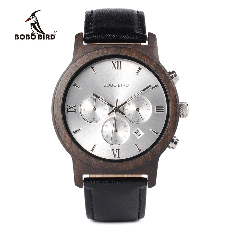 

BOBO BIRD WP28 Wooden Mens Watches Luxury Chronograph Quartz Watch with Date Display in Wooden Gift Box