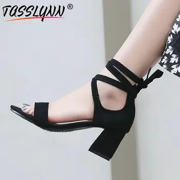 

TASSLYNN 2018 Sweet Women Sandals Lace-Up Flock Gladiator Ankle Strap Square High Heels Casual Shoes for Woman Size 34-46