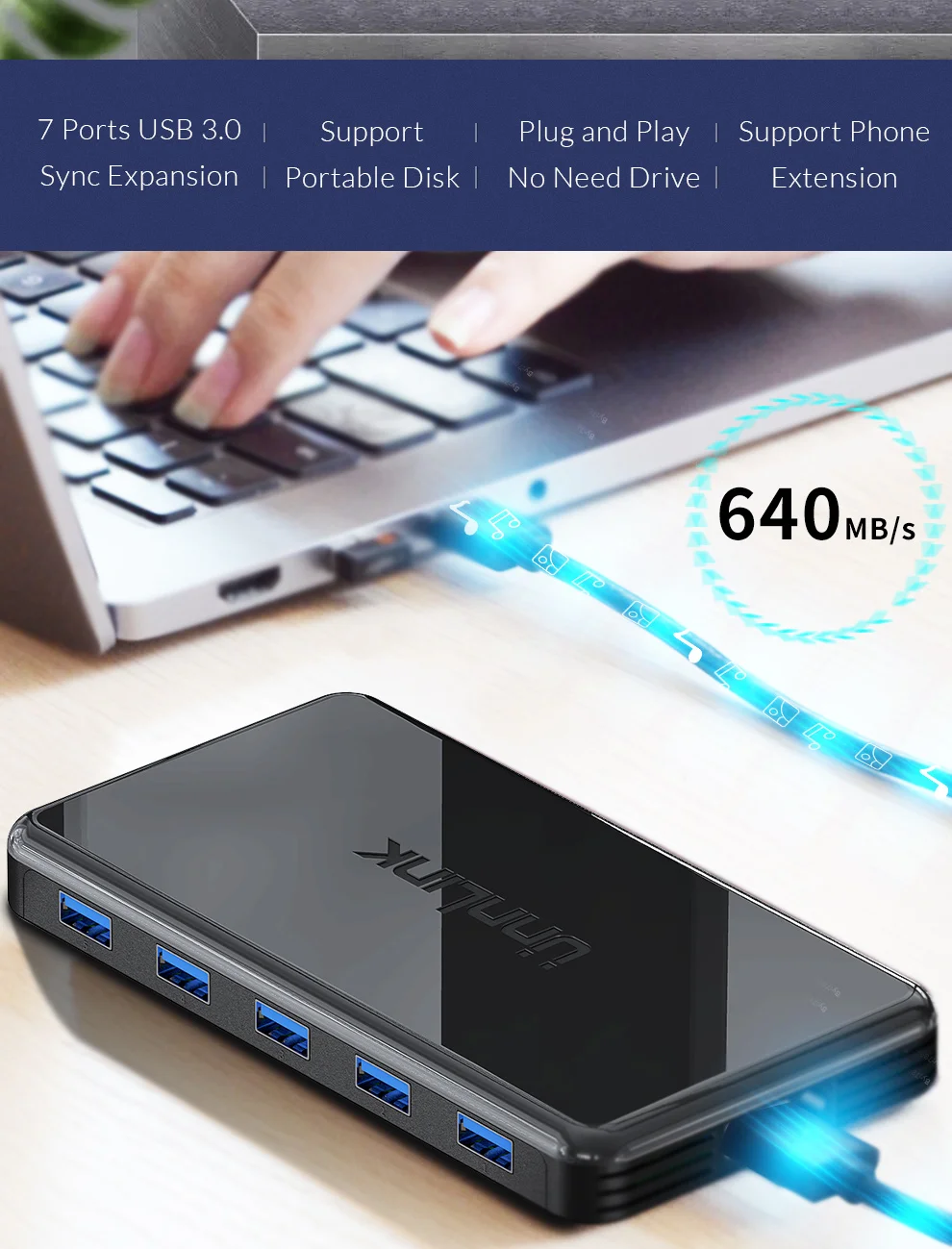 Unnlink USB 3,0 концентратор 7 портов 1X7 USB высокоскоростной разветвитель данных 5 гбит/с адаптер для мыши клавиатуры ноутбука ультрабук компьютер U диск