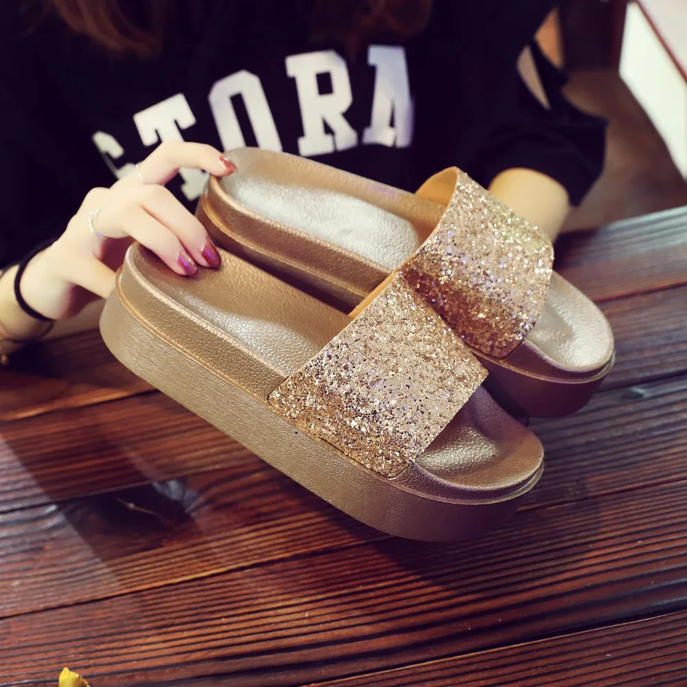 

bling muffins women high quality platform shoes female slippers high heel flip flops summer crystal beach slides woman pantufa
