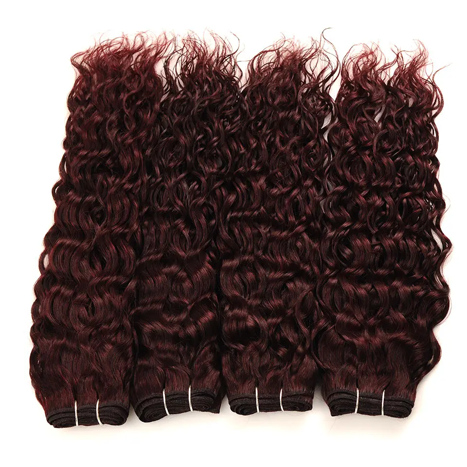Pinshair Red Hair 4 Bundles Water Wave Brazilian Human Hair Weaving Burgundy Water Wave Wet Wavy Non Remy Hair Weave Extensions (76)