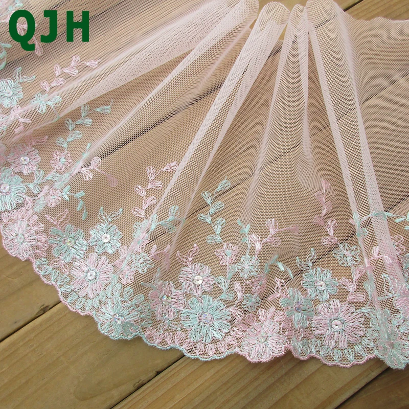 High Quality 1 Yard Pink Exquisite Gauze Embroidered Flowers Lace Trims