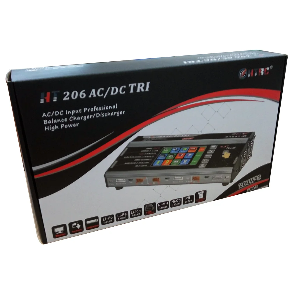 Htrc ht206 AC/DC Tri 200 Вт* 3 20A* 3 тройной Порты и разъёмы RC Баланс Зарядное устройство для литий-ионным lipo/life/lihv Батарея 4." Цвет ЖК-дисплей Сенсорный экран