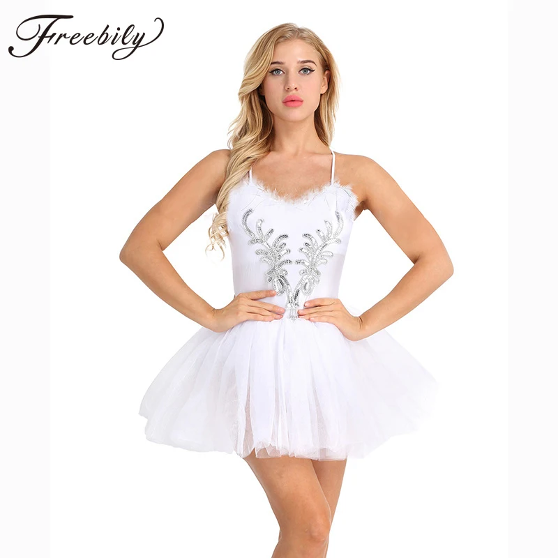 

New Women Ballet Tutu Leotard Dress White Black Swan Costume Ballet Leotards Adult Sleeveless Sequined Stage Dance Costumes