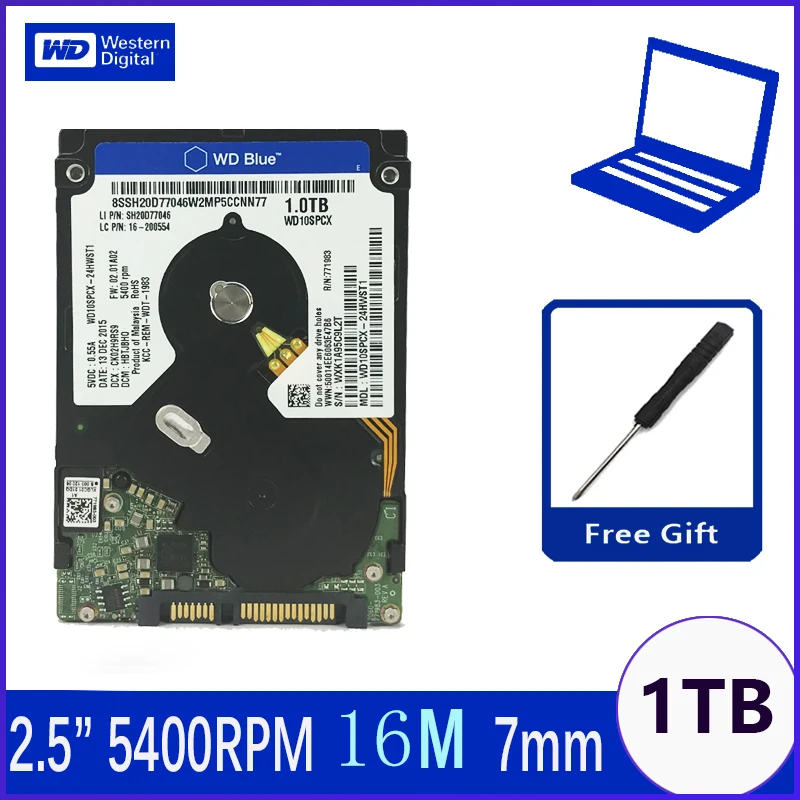 Внутренний жесткий диск WD Blue 1 ТБ 2 5 дюйма SATA III 1000 ГБ HD 6 ГБ/сек. 16M 7 мм 5400 об/мин WD10SPCX