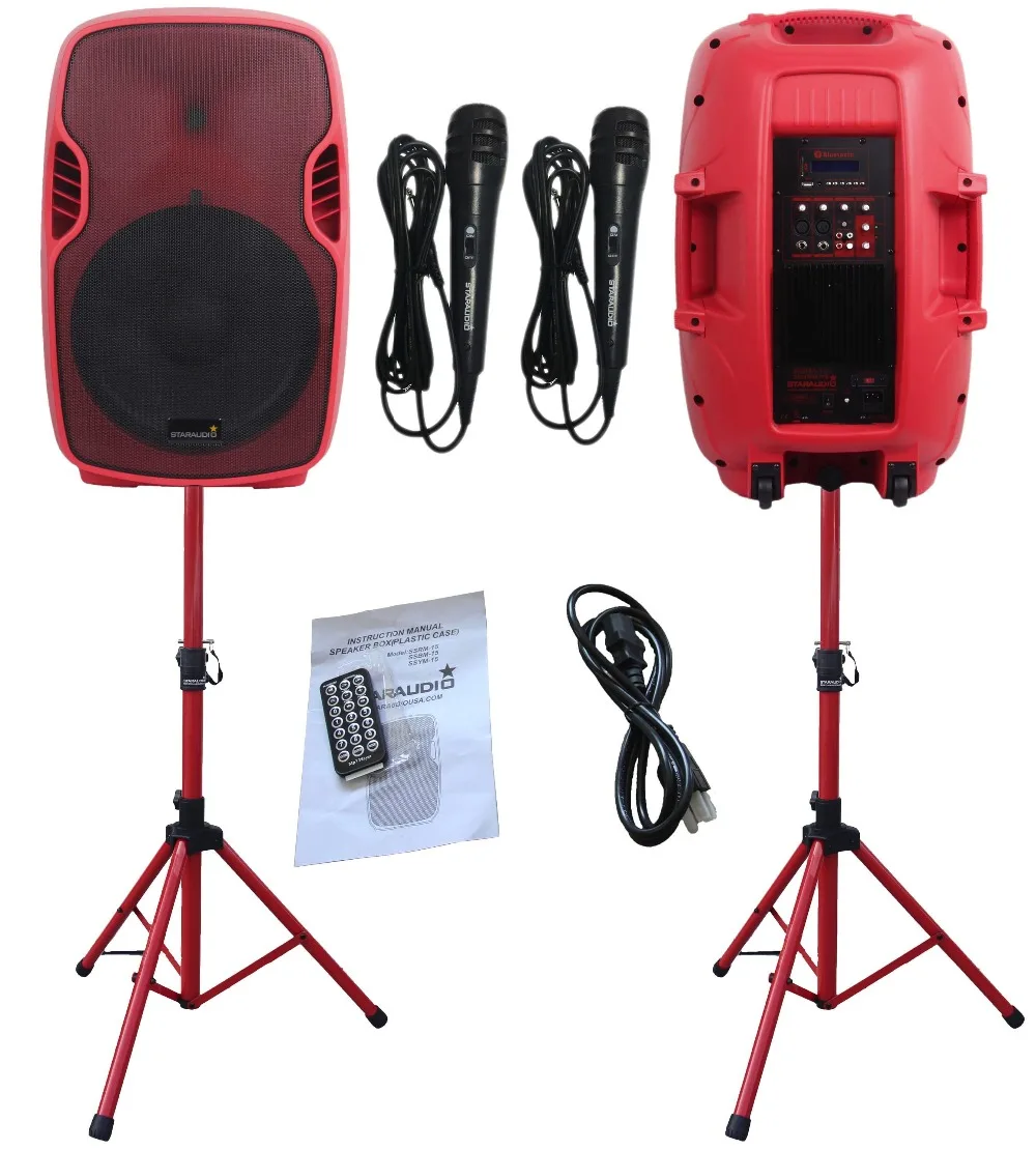 STARAUDIO Pair Red 15" 3500W Powered Active DJ USB SD FM BT Stage Speakers with 2 Speaker Stands