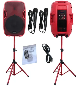 

STARAUDIO Pair Red 15" 3500W Powered Active DJ USB SD FM BT Stage Speakers with 2 Speaker Stands 2 Wired Microphones SSRM-15