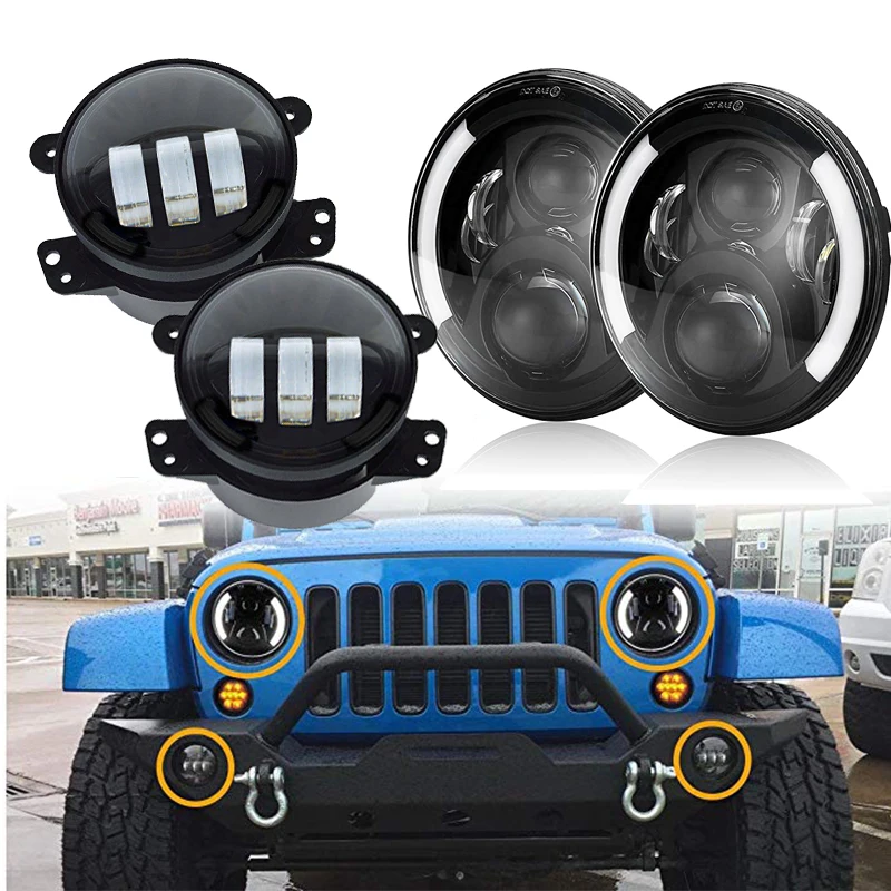 

7 pollice LED Fari Halo + 4 pollice LED Luce di Nebbia DRL Combo Kit Per for Jeep Wrangler JK 2007- 2017