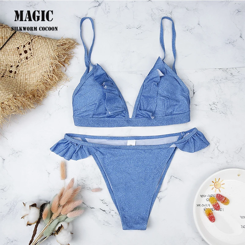 

Sexy Denim Blue Bikini Set Female Swimwear New Ruffled Bandage Swimsuit Bathing Suit Swim Biquini Lady's Beach Swimsuit