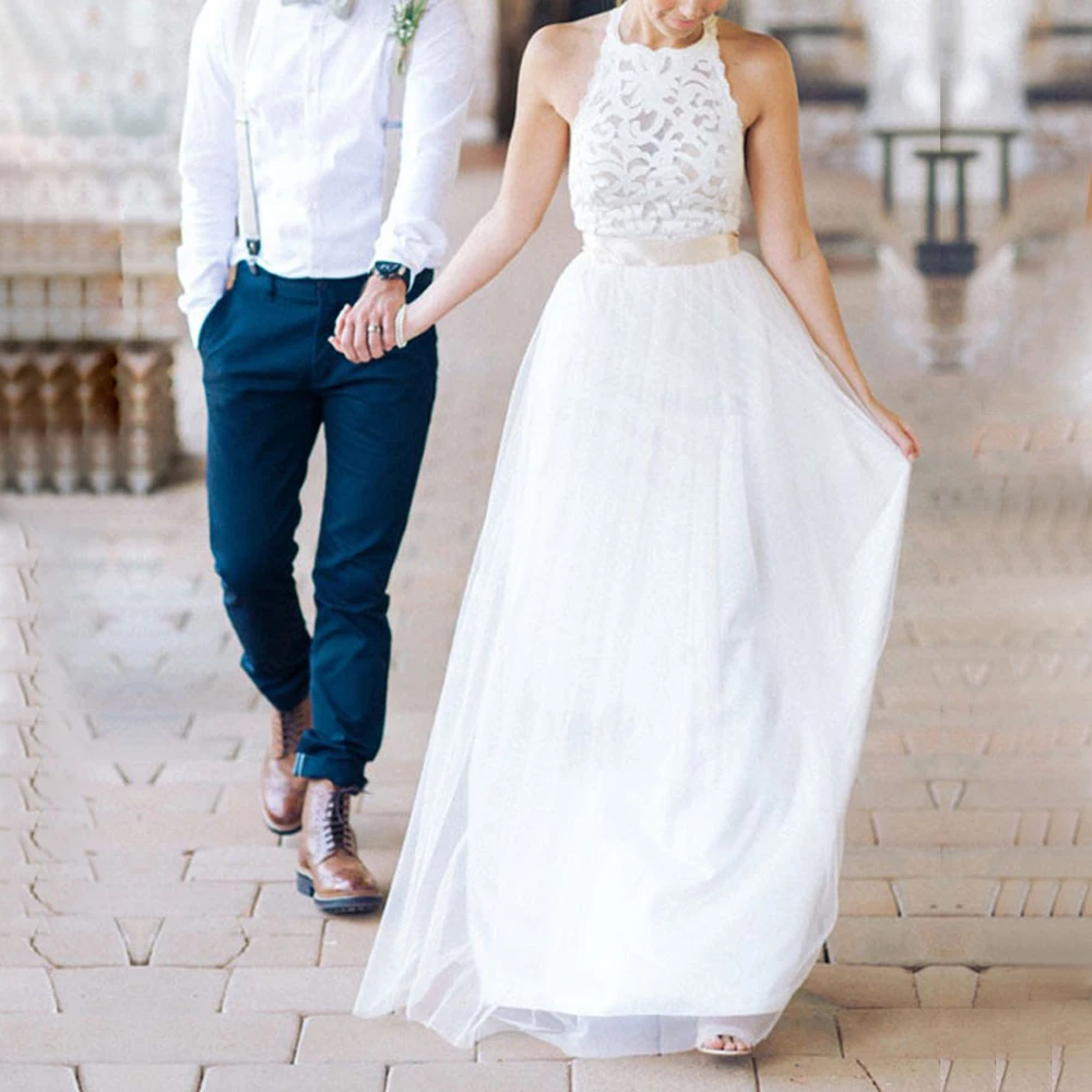 

Boho Beach White Lace Wedding Dresses 2018 Women Tulle Halter Backless Wedding Gowns Cheap Bridal Dress Summer Wedding Dresses